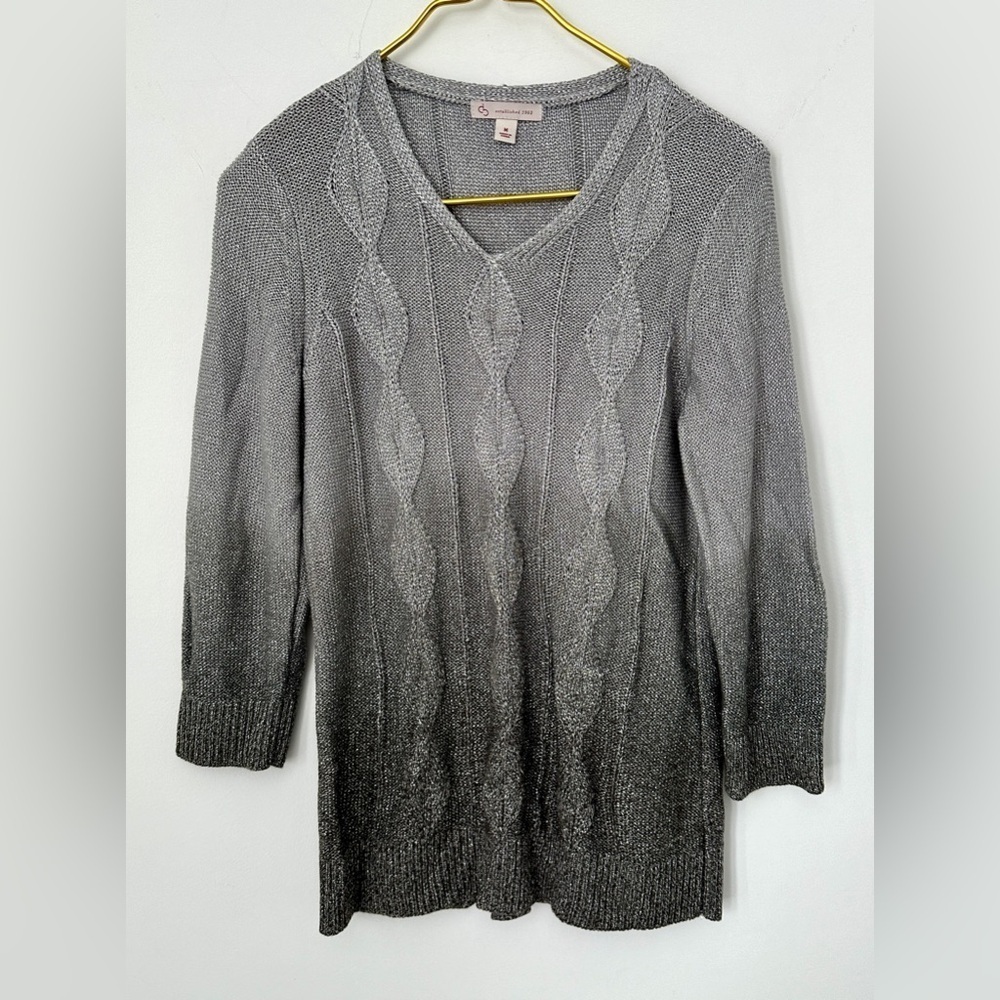 Db Dressbarn Gray Ombré Sparkle 3/4 Sleeve V-Neck Sweater Women’s Medium
